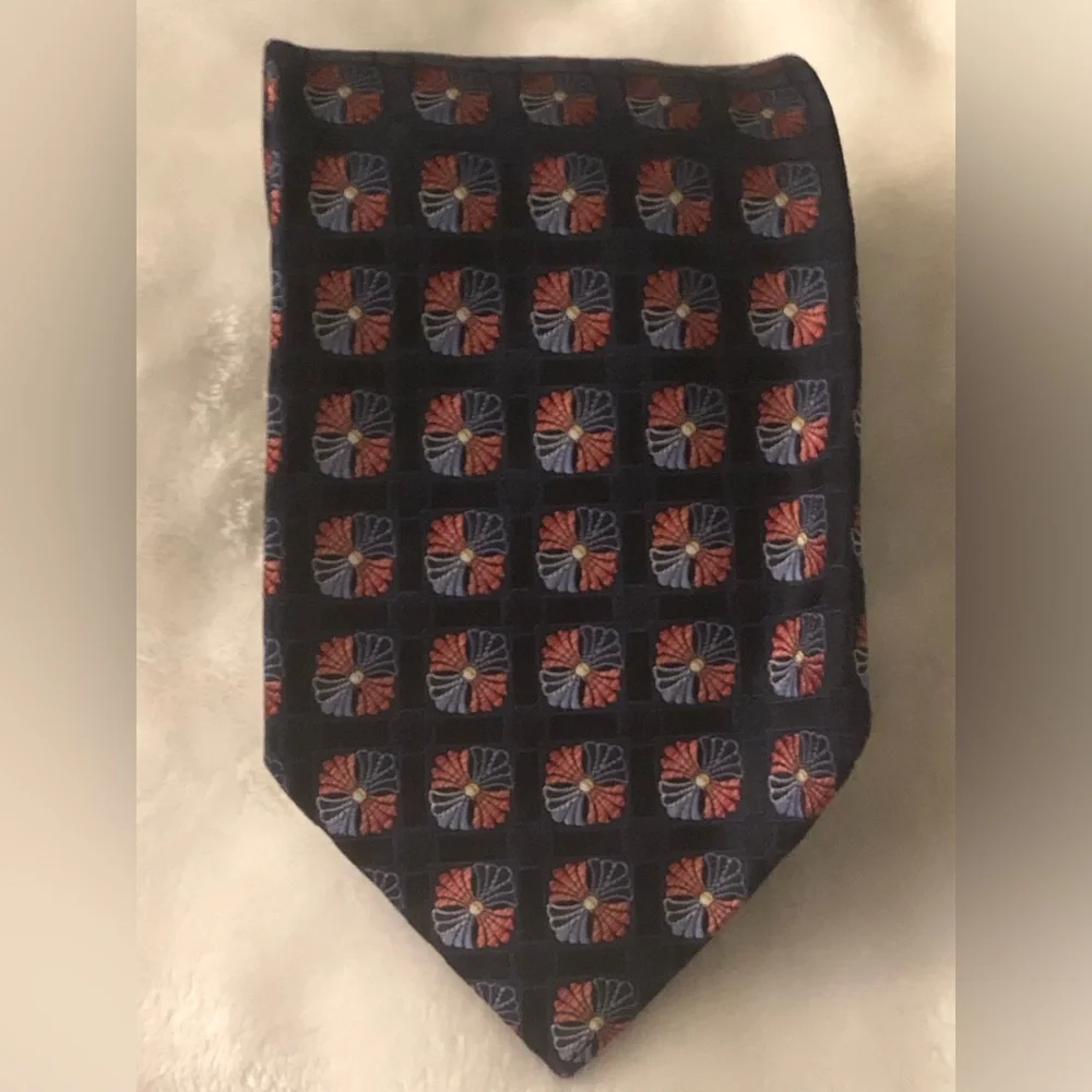 Zegna Men's Navy Patterned Silk Tie with Red and Blue Accents